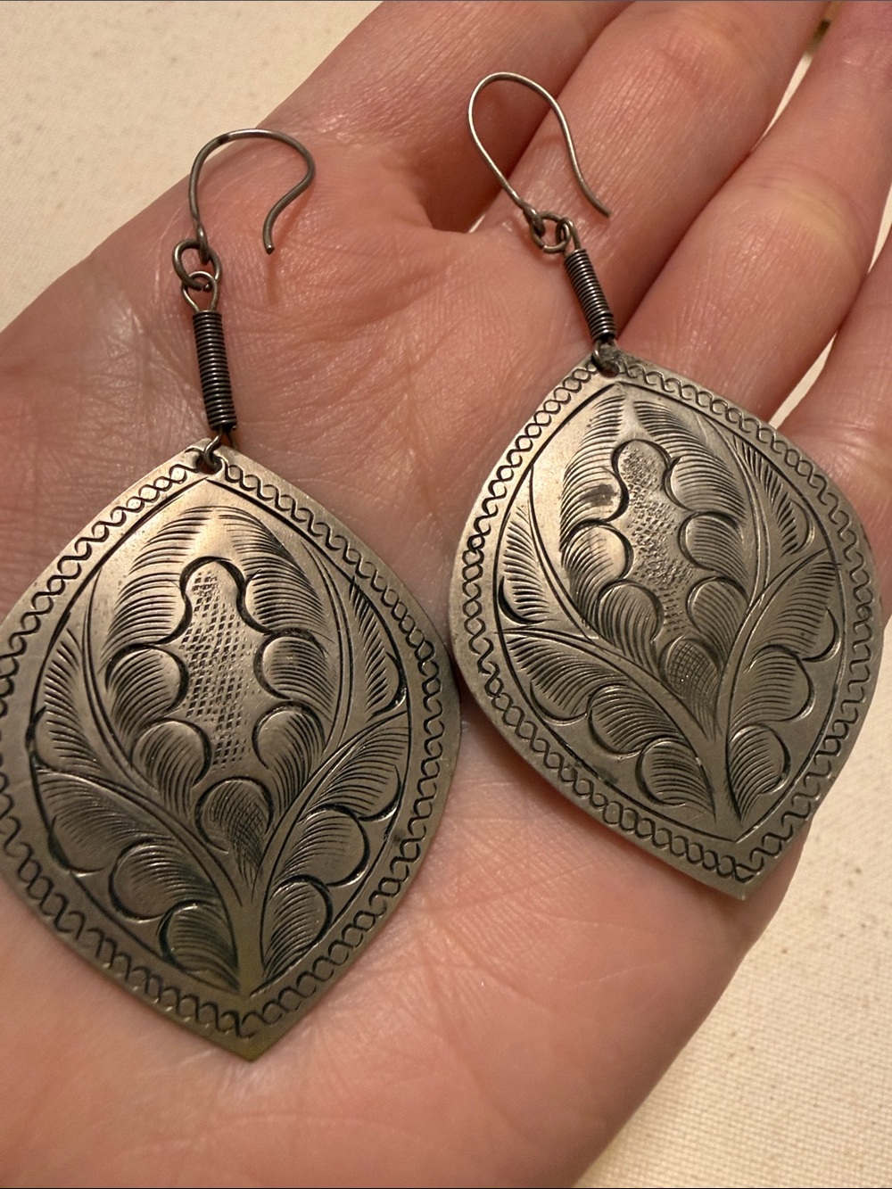 Hand-Engraved Sterling Silver Leaf Motif Drop Earrings